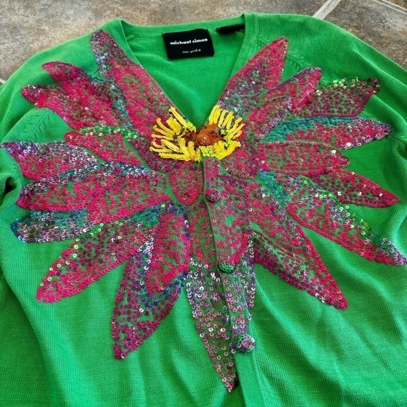 Michael Simon Vintage Silk Cardigan Sequin Embellished Lotus Water Lily Flower - Picture 9 of 9